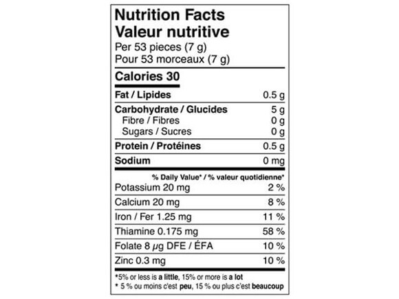 Veggie Hearts Zucchini Nutrition Table